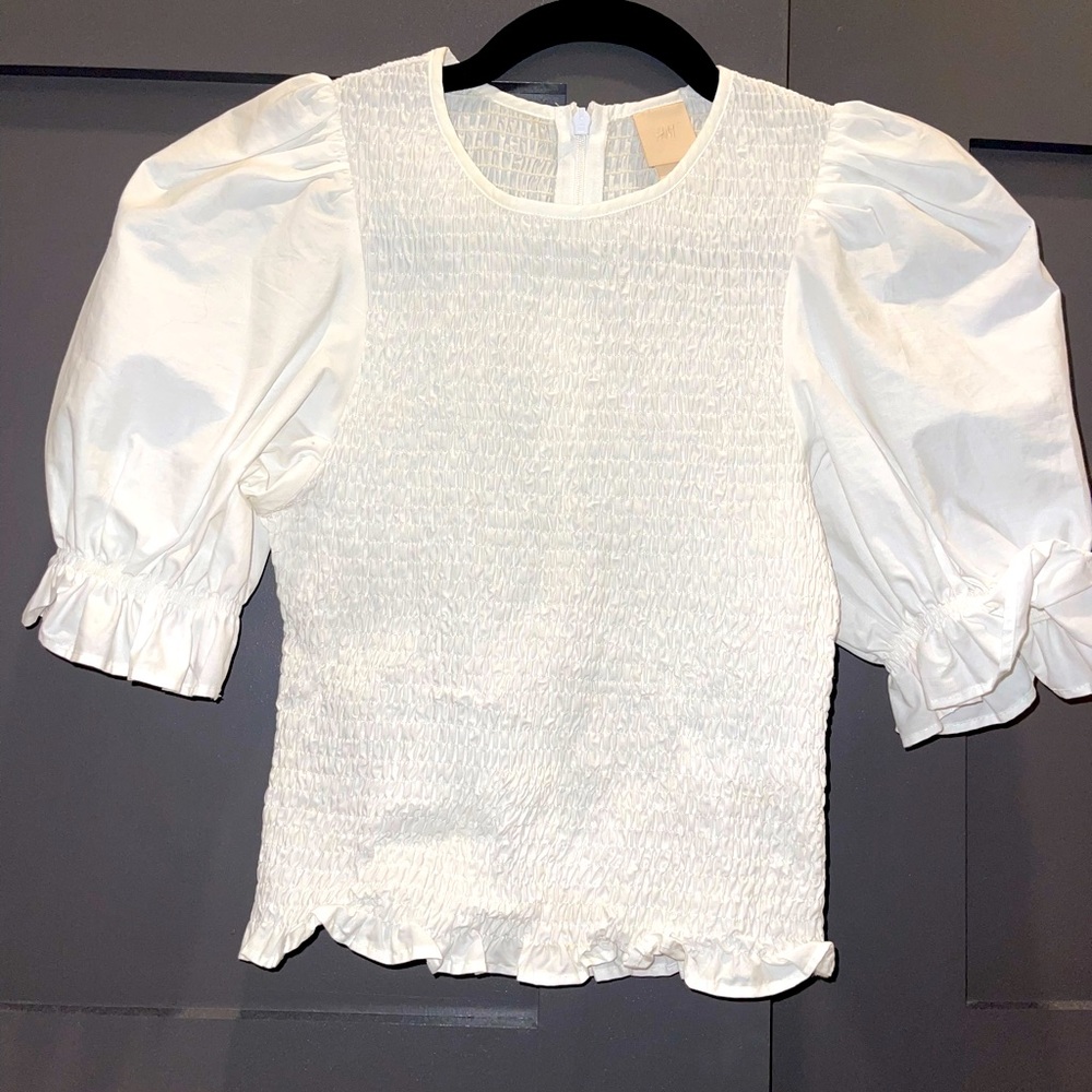 H & M smocked shirt with puff sleeves, white